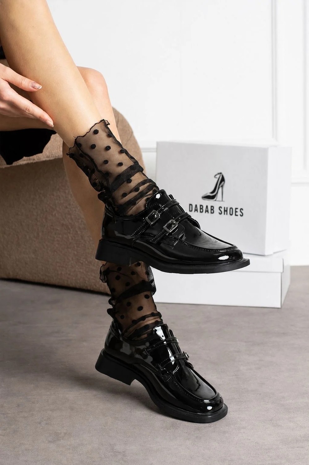 Dabab Shoes Elvan Kadın Siyah Rugan Küt Burun Çift Toka Detaylı Kalın Taban Loafer Ayakkabı görsel 6