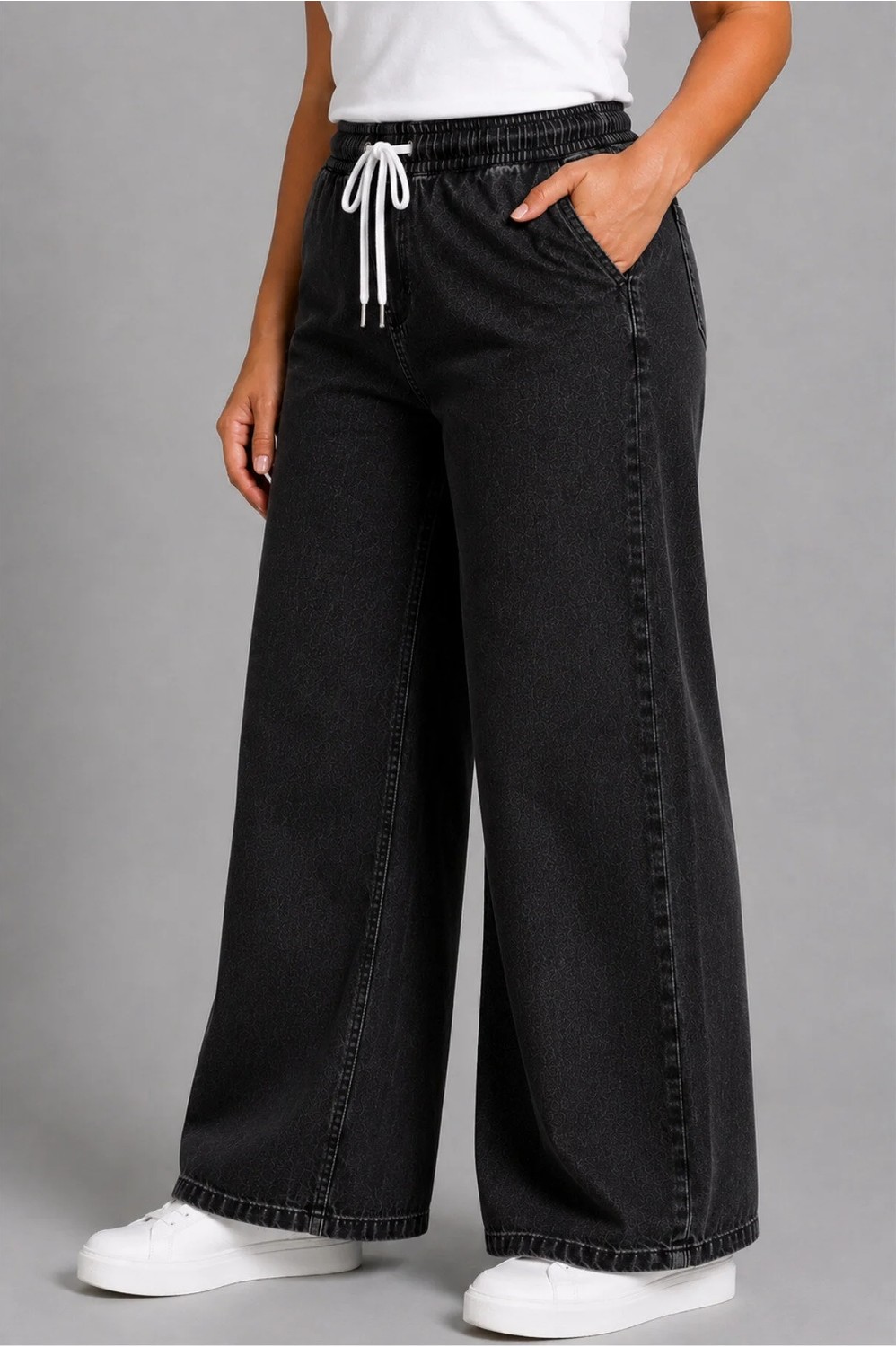Banega Curve Kadın Büyük Beden Esnek Kumaş Lastikli Yüksek Bel Ipli Cepli Bol Paça Jeans Kot Pantolon görsel 5
