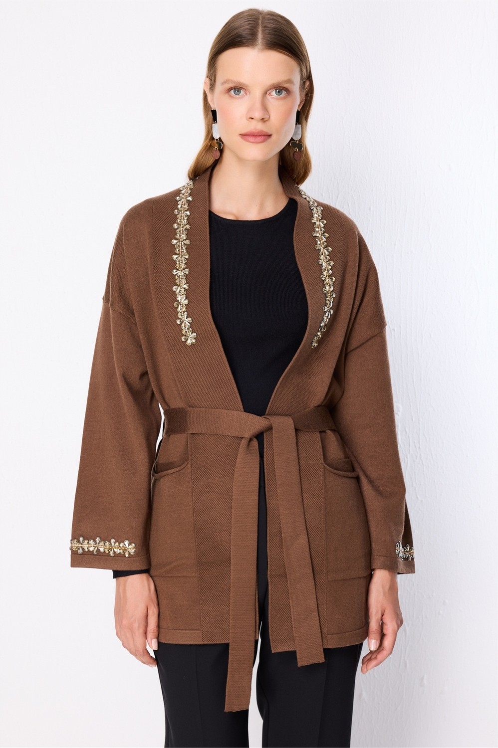 ON Kadın Beli Kuşaklı Taşlı Triko Hırka 10903 Siyah görsel 4