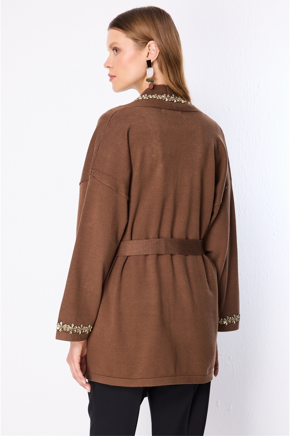 ON Kadın Beli Kuşaklı Taşlı Triko Hırka 10903 Siyah görsel 5