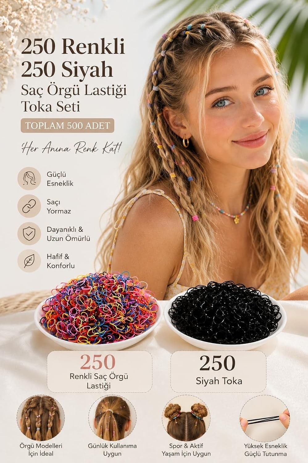 Uravas Store 250 Adet Renkli Saç Örgü Lastiği 250 Siyah Toka Seti Lastik Toka Seti, Lastik Toka Seti, Toka Organizer, Toka, Kız Çocuk Toka
