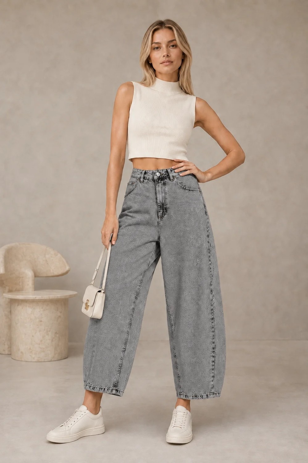 Shevega Buz Mavi Yüksek Bel Kısa Paça Bol Paça Baggy Jean Kot Pantolon