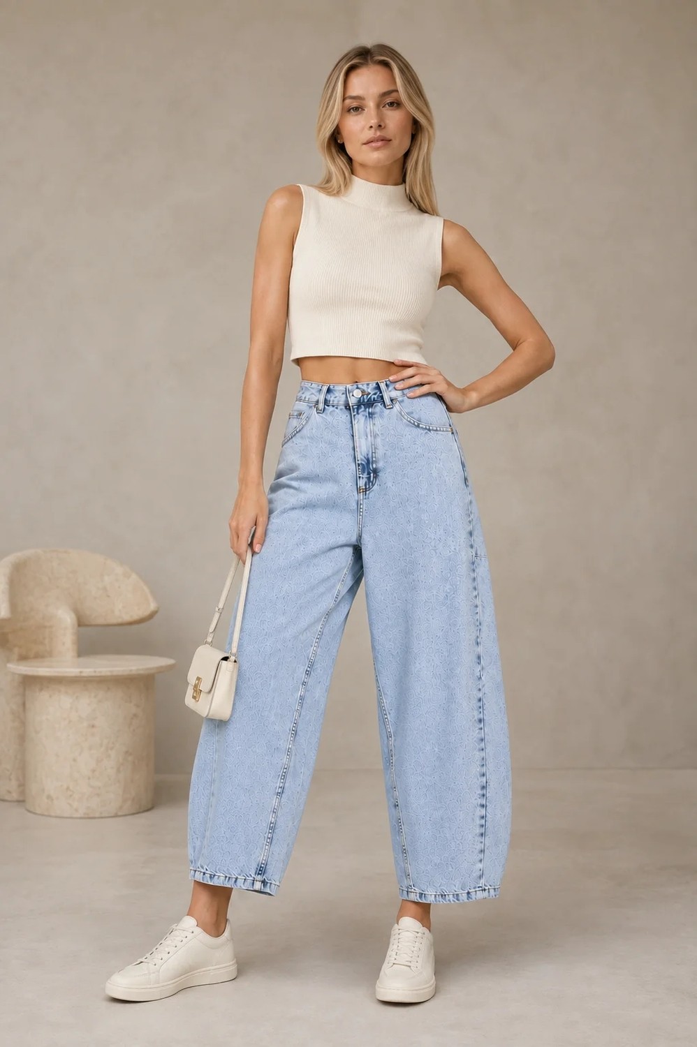 Shevega Buz Mavi Yüksek Bel Kısa Paça Bol Paça Baggy Jean Kot Pantolon