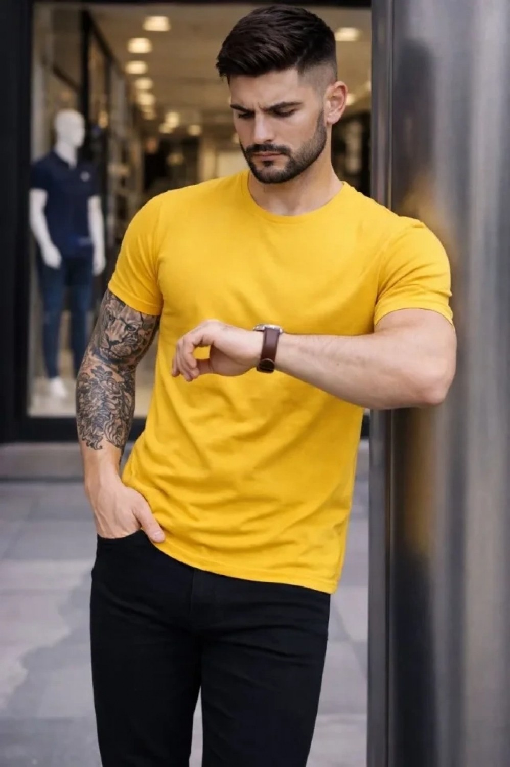 Pileli Store Erkek T-Shirt Bisiklet Yaka Slim Fit Dar Kesim Likralı Tişört Günlük Basic Body - Sarı görsel 2