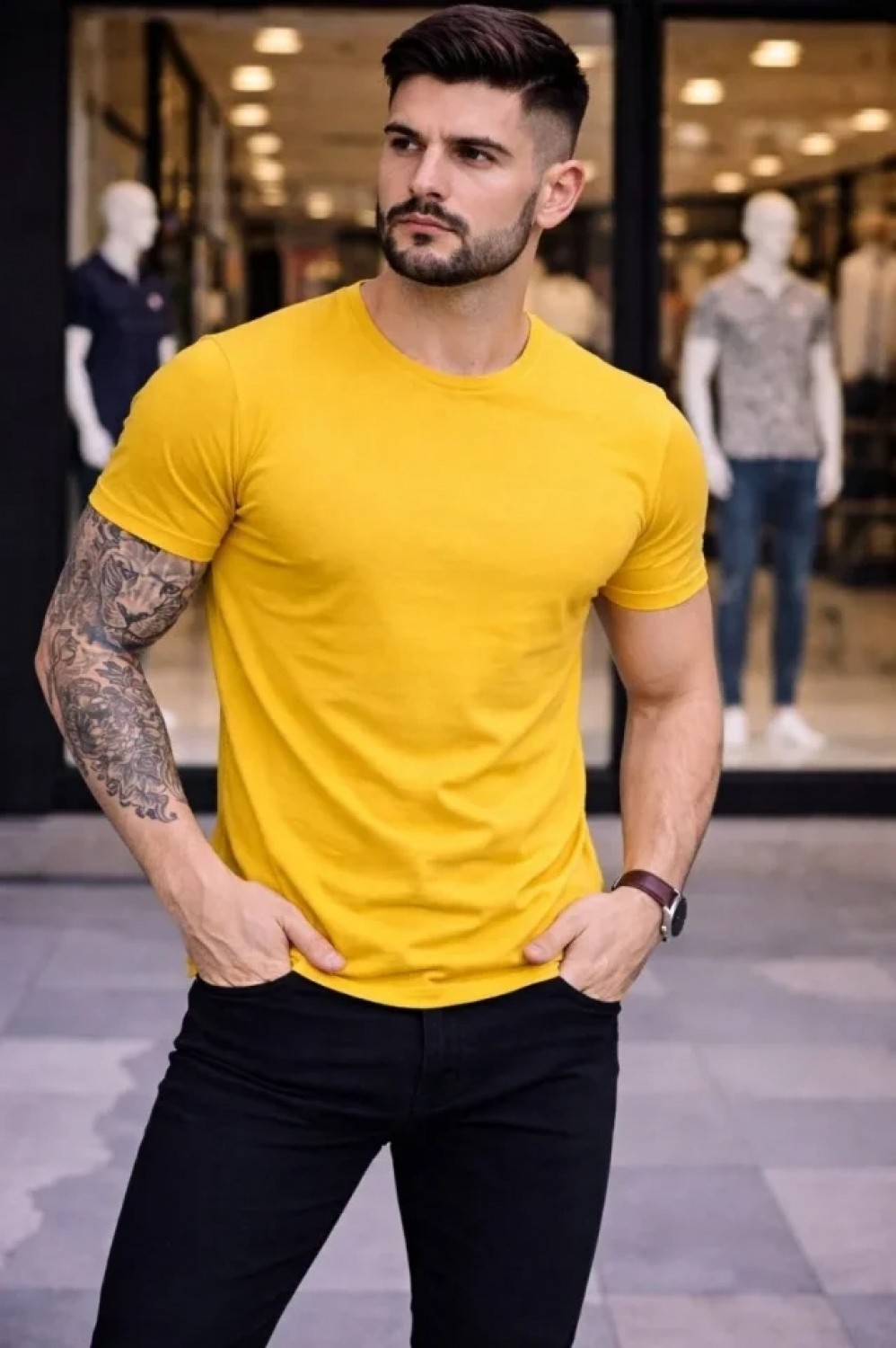 Pileli Store Erkek T-Shirt Bisiklet Yaka Slim Fit Dar Kesim Likralı Tişört Günlük Basic Body - Sarı görsel 4