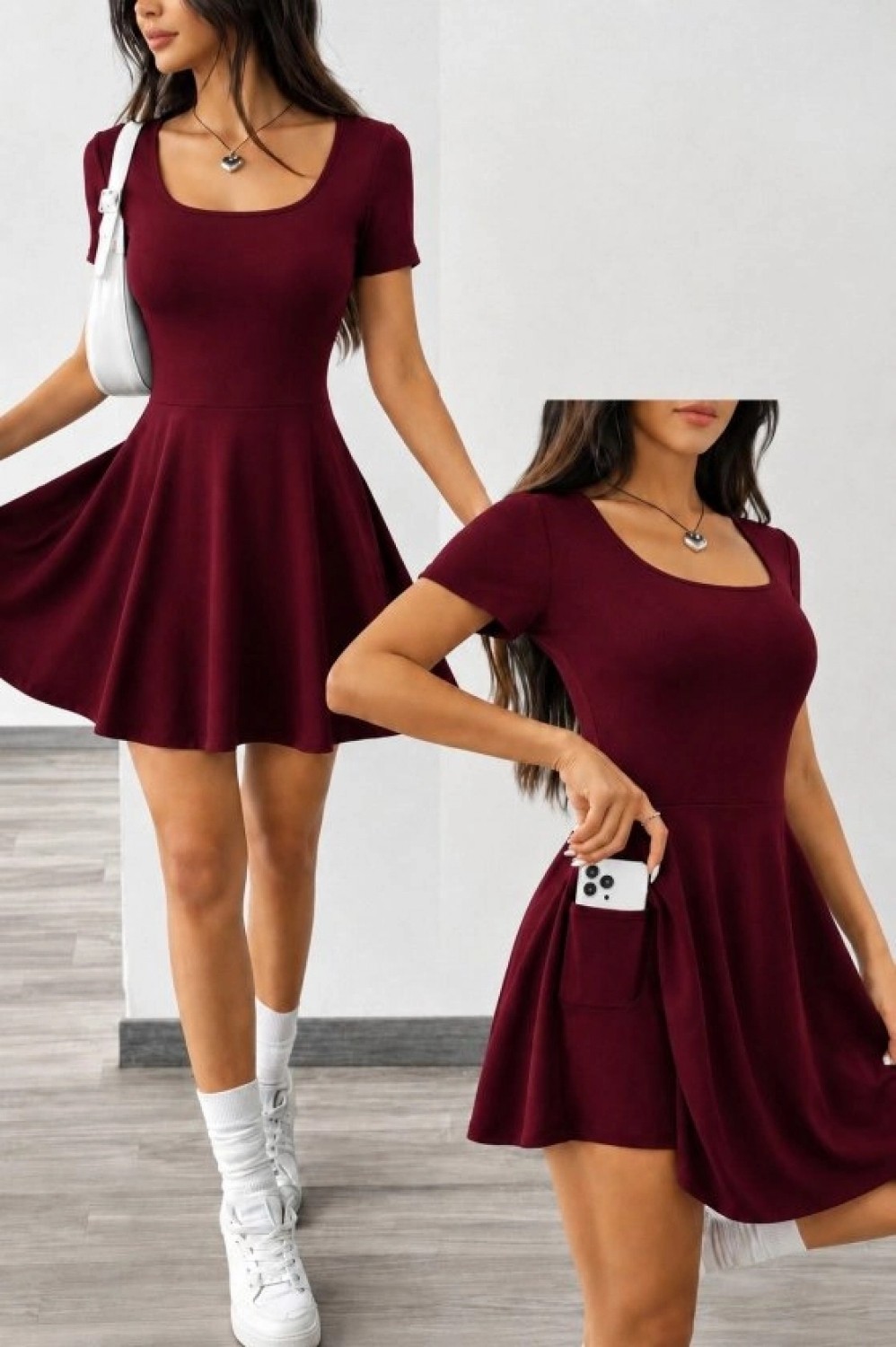 Pileli Store Kadın Kısa Kollu Kare Yakalı Cep Detaylı Dalgıç Elbise Tulum