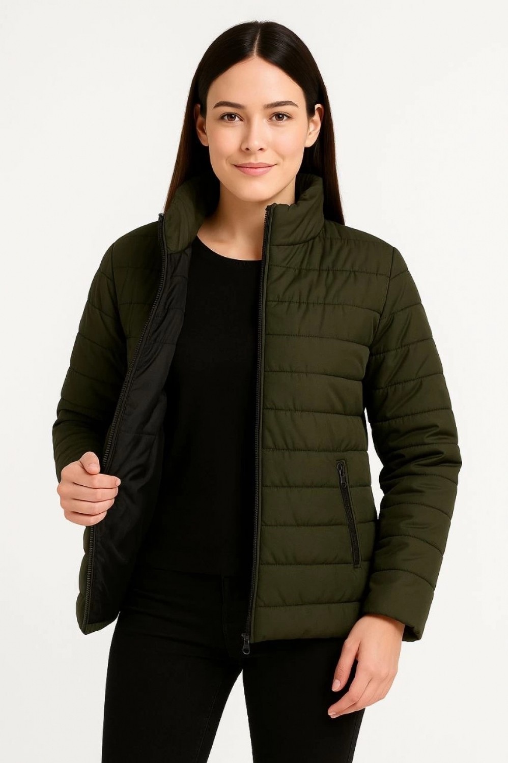 Pileli Store Bomber Mont Ceket, Su Itici Kumaş, Kapitone Astarlı, Fermuarlı, Kışlık - Haki - görsel 3