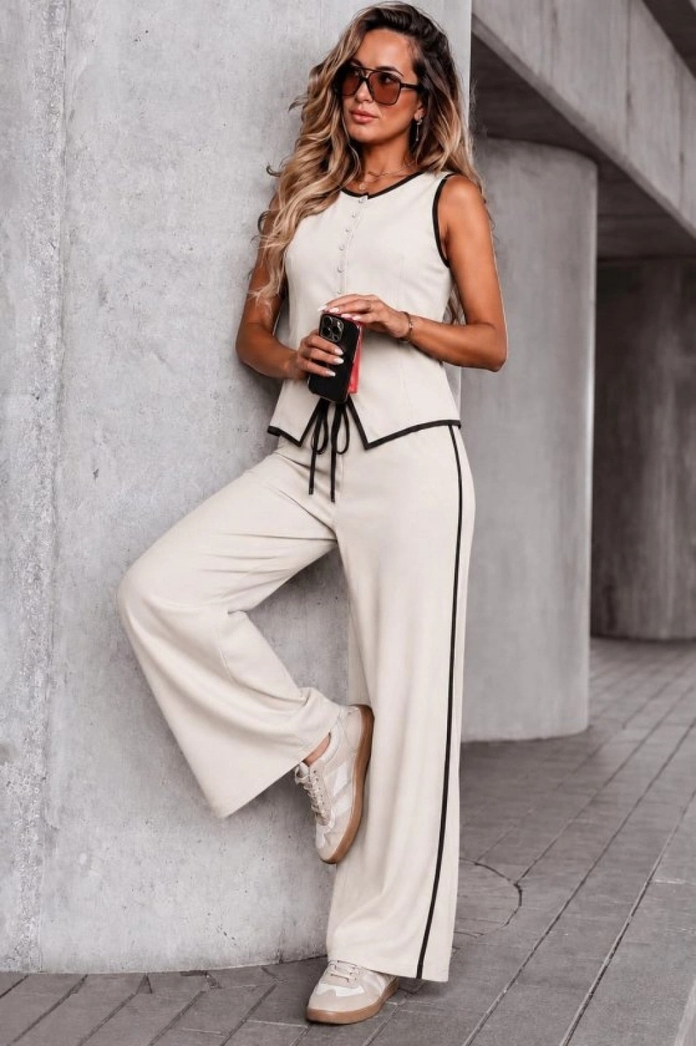 Pileli Store Kadın Kolsuz Önü Düğmeli Yelek ve Pantolon Ikili Takım