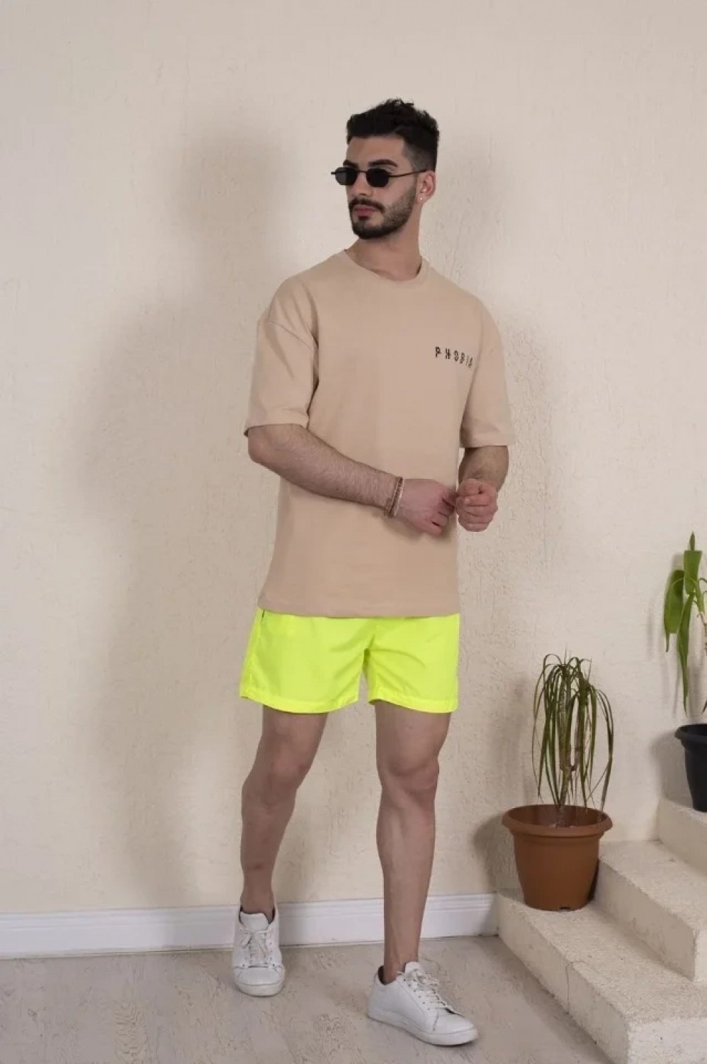 Pileli Store Erkek Deniz Şortu Fermuarlı Cepli File Astarlı - Neon Yeşili görsel 2