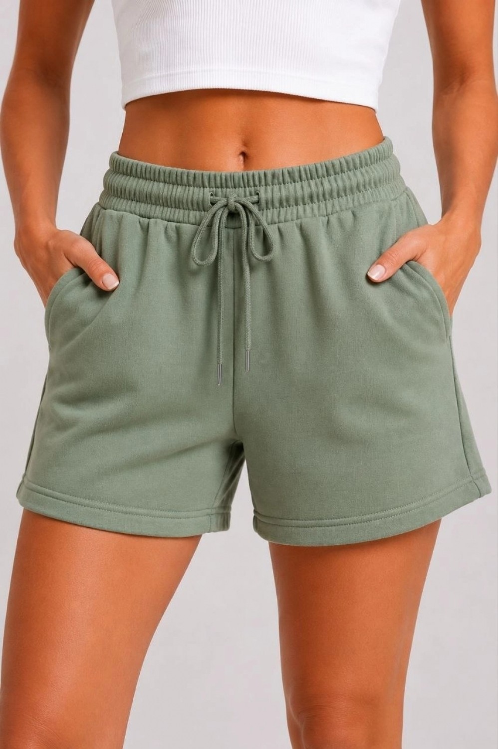 Pileli Store Kadın 3 Iplik Şardonsuz Yazlık Cepli Lastikli Bağcıklı Regular Fit Şort - Yeşil