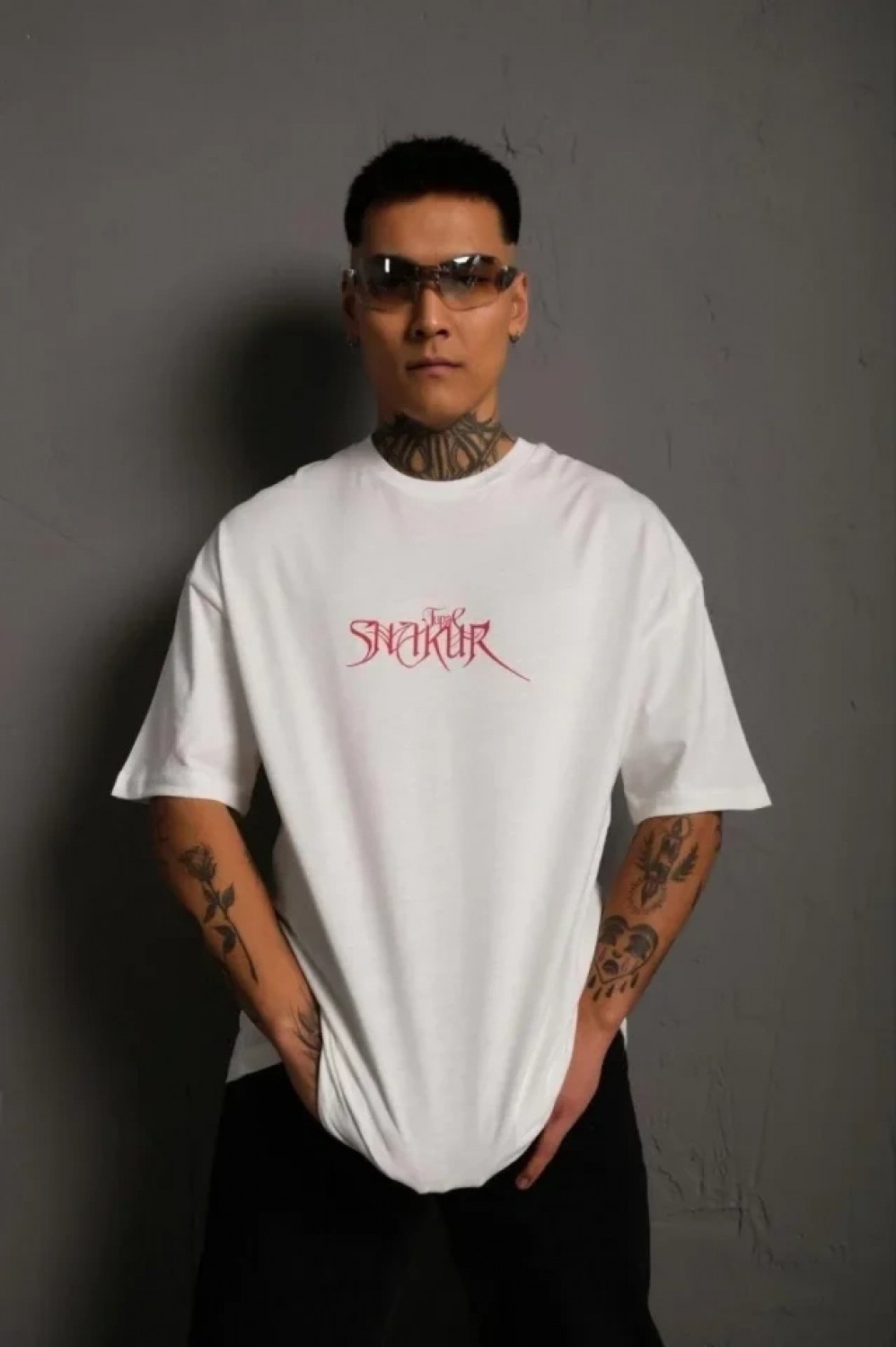 Pileli Store Erkek Oversize Tişört, Beyaz 24/1 Penye Kumaş, Bisiklet Yaka, Ön - Arka Baskılı, Streetwear Tarzı Rahat Büyük Kalıp T-Shirt- Beyaz görsel 2