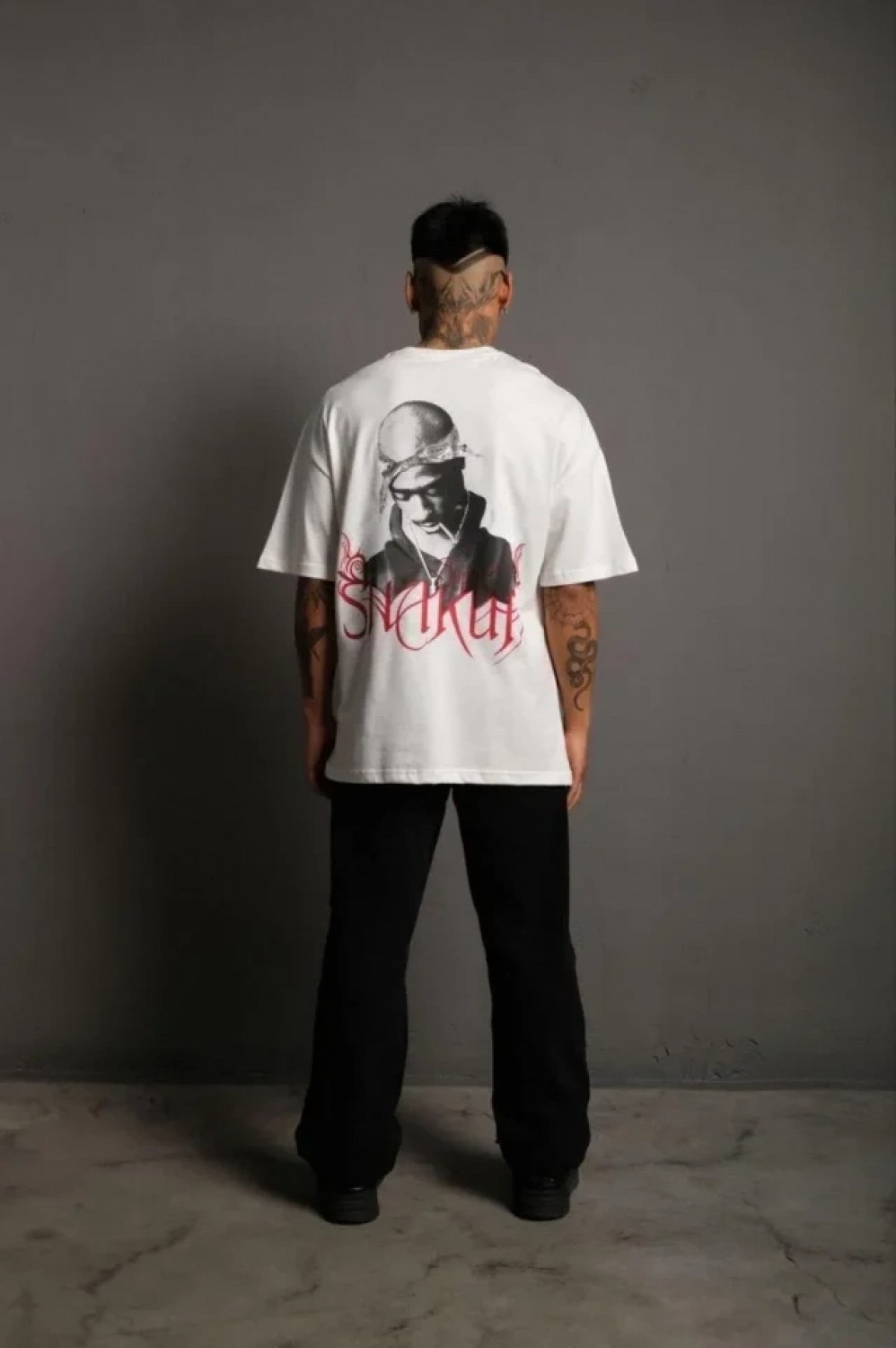 Pileli Store Erkek Oversize Tişört, Beyaz 24/1 Penye Kumaş, Bisiklet Yaka, Ön - Arka Baskılı, Streetwear Tarzı Rahat Büyük Kalıp T-Shirt- Beyaz görsel 3
