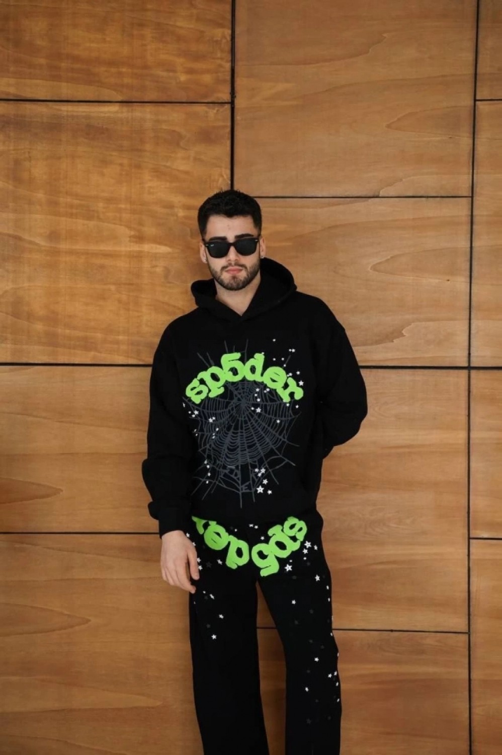 Pileli Store Erkek Kapüşonlu Eşofman Takım Örümcek Ağı ve Neon Yeşil Baskılı Kanguru Cepli Oversize Rahat Kalıp, Premium Üç Iplik Kumaş - Siyah görsel 3