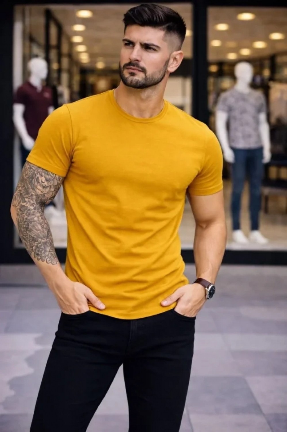 Pileli Store Erkek T-Shirt Bisiklet Yaka Slim Fit Dar Kesim Likralı Tişört Günlük Basic Body - Limon