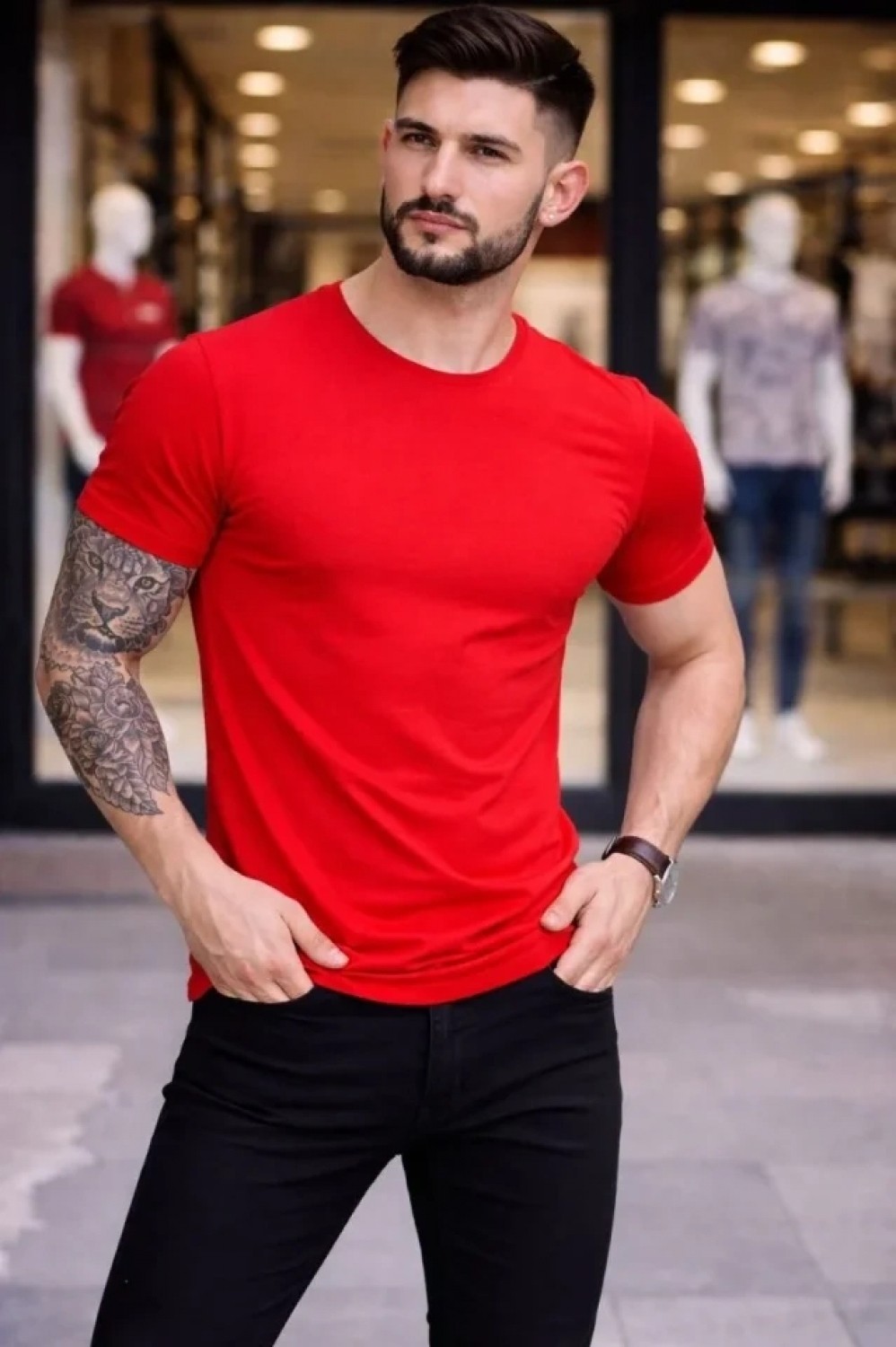 Pileli Store Erkek T-Shirt Bisiklet Yaka Slim Fit Dar Kesim Likralı Tişört Günlük Basic Body - Kırmızı