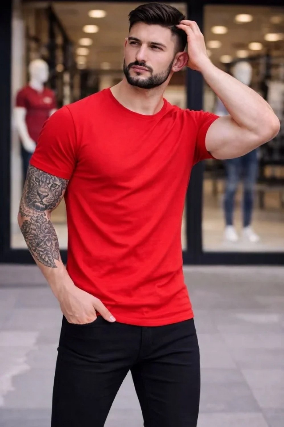 Pileli Store Erkek T-Shirt Bisiklet Yaka Slim Fit Dar Kesim Likralı Tişört Günlük Basic Body - Kırmızı görsel 4