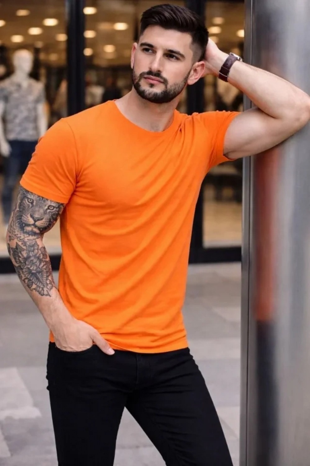Pileli Store Erkek T-Shirt Bisiklet Yaka Slim Fit Dar Kesim Likralı Tişört Günlük Basic Body - Turuncu
