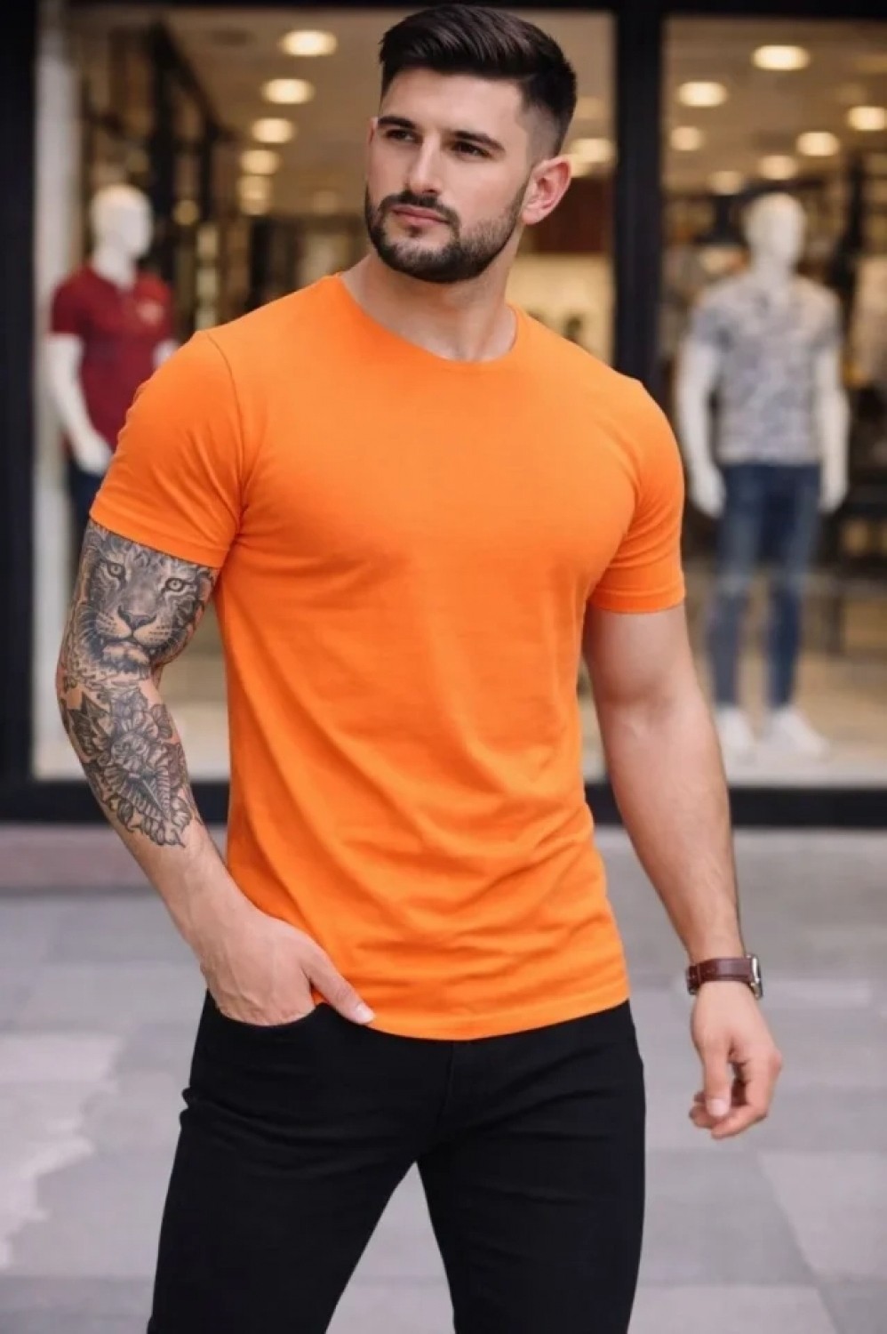 Pileli Store Erkek T-Shirt Bisiklet Yaka Slim Fit Dar Kesim Likralı Tişört Günlük Basic Body - Turuncu görsel 2