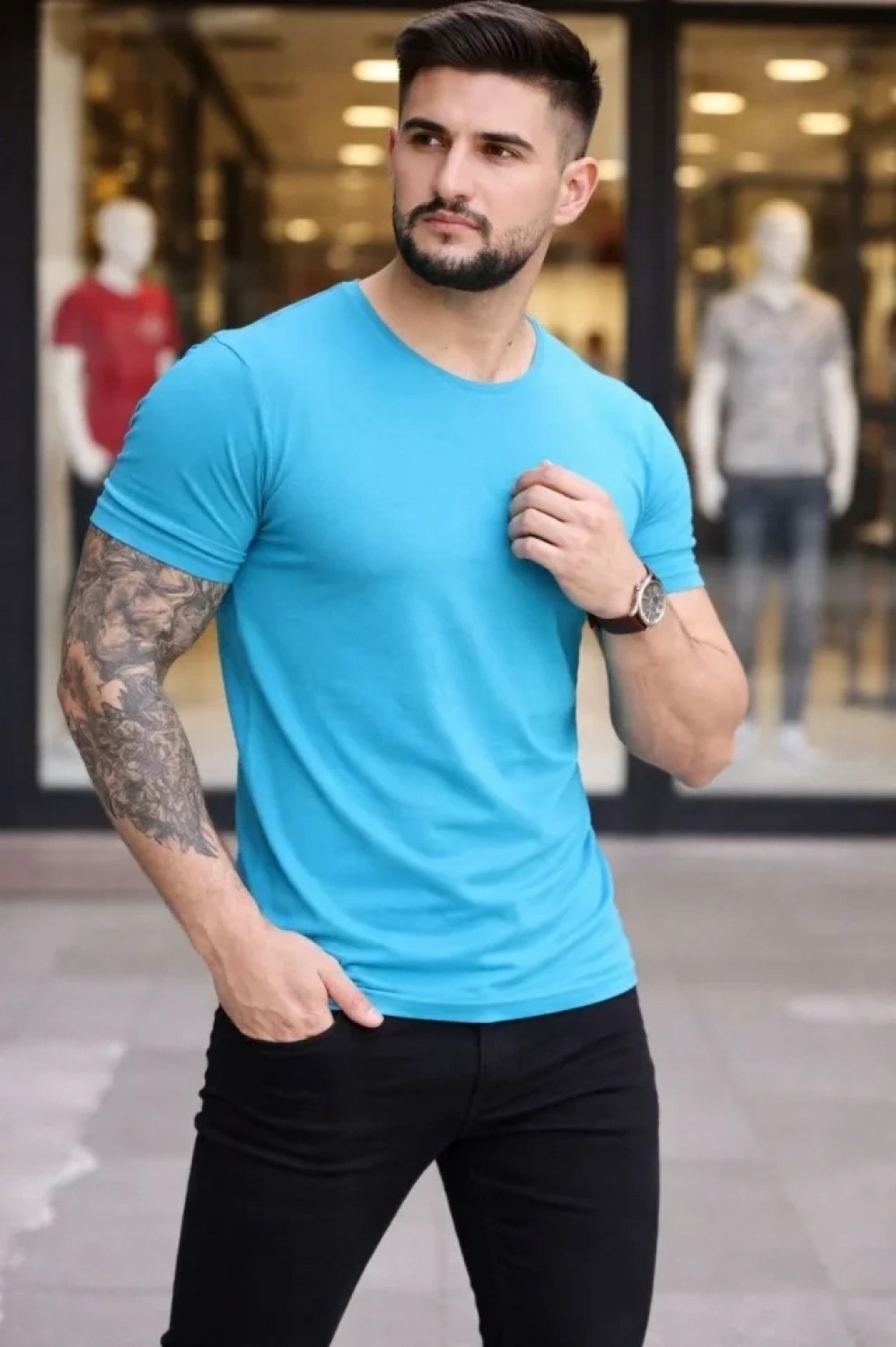 Pileli Store Erkek T-Shirt Bisiklet Yaka Slim Fit Dar Kesim Likralı Tişört Günlük Basic Body - Açık Mavi