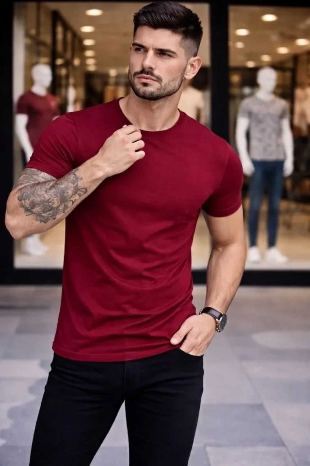 Pileli Store Erkek T-Shirt Bisiklet Yaka Slim Fit Dar Kesim Likralı Tişört Günlük Basic Body - Bordo görsel 3