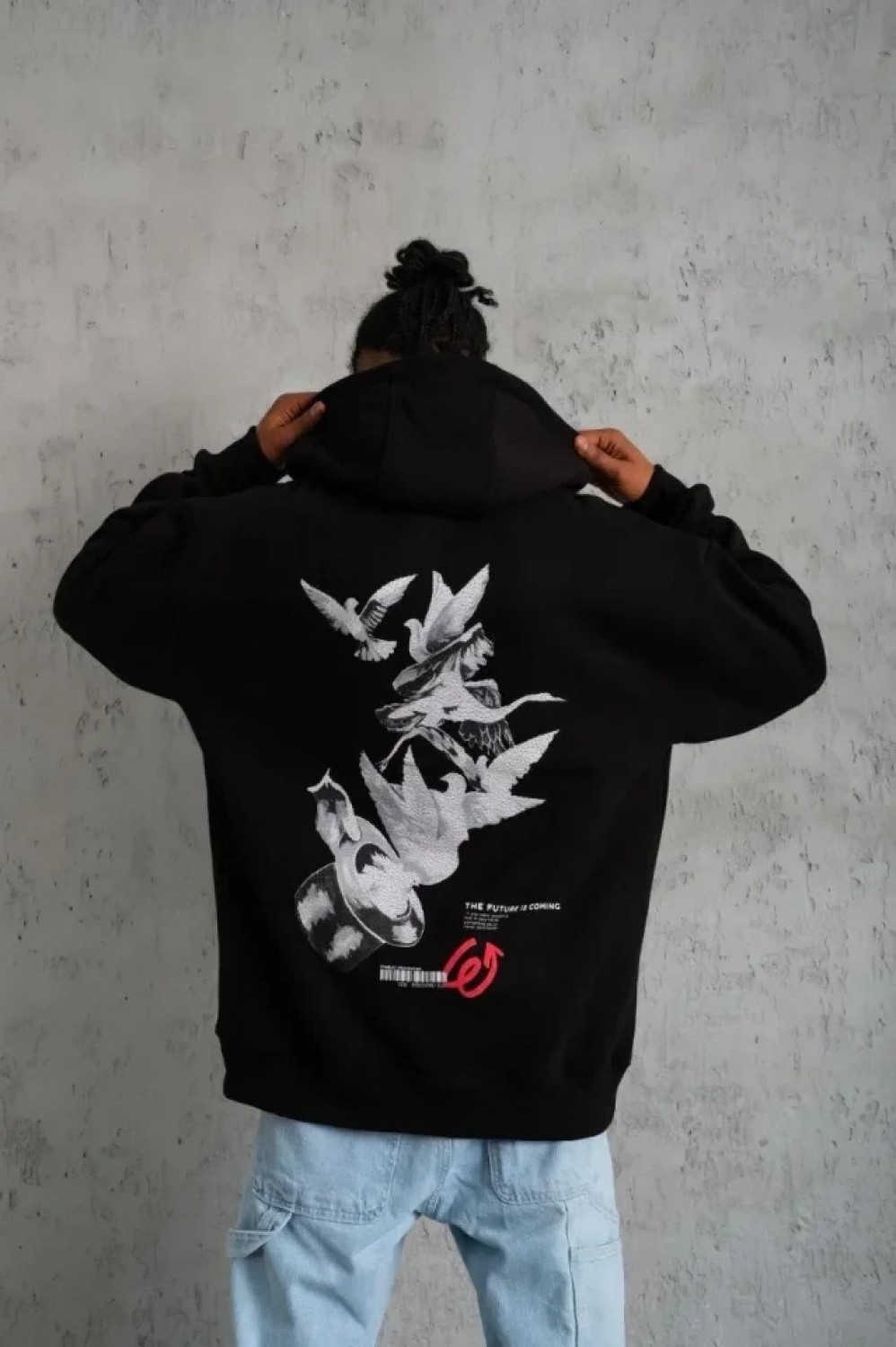 Pileli Store Erkek Şapkalı Güvercin Baskılı Kapşonlu Sweat - Siyah