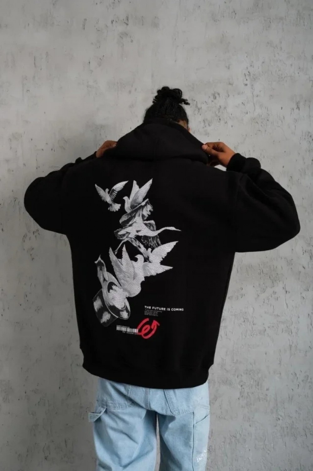 Pileli Store Erkek Şapkalı Güvercin Baskılı Kapşonlu Sweat - Siyah görsel 4