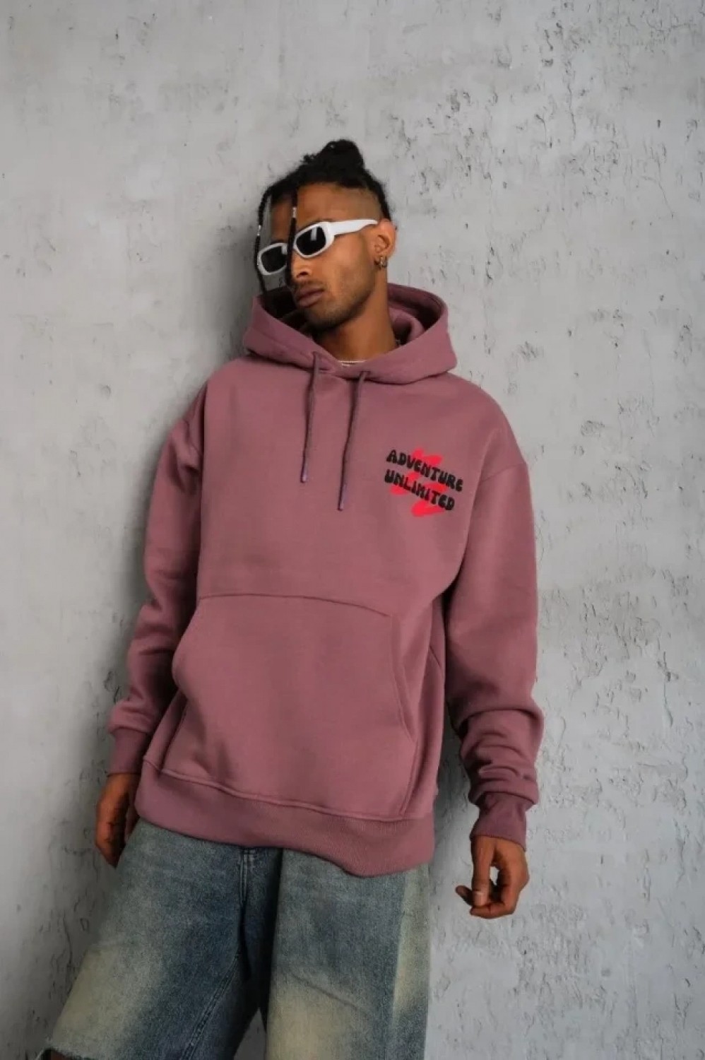 Pileli Store Erkek Şapkalı Güvercin Baskılı Kapşonlu Sweat - Gül Kurusu görsel 2