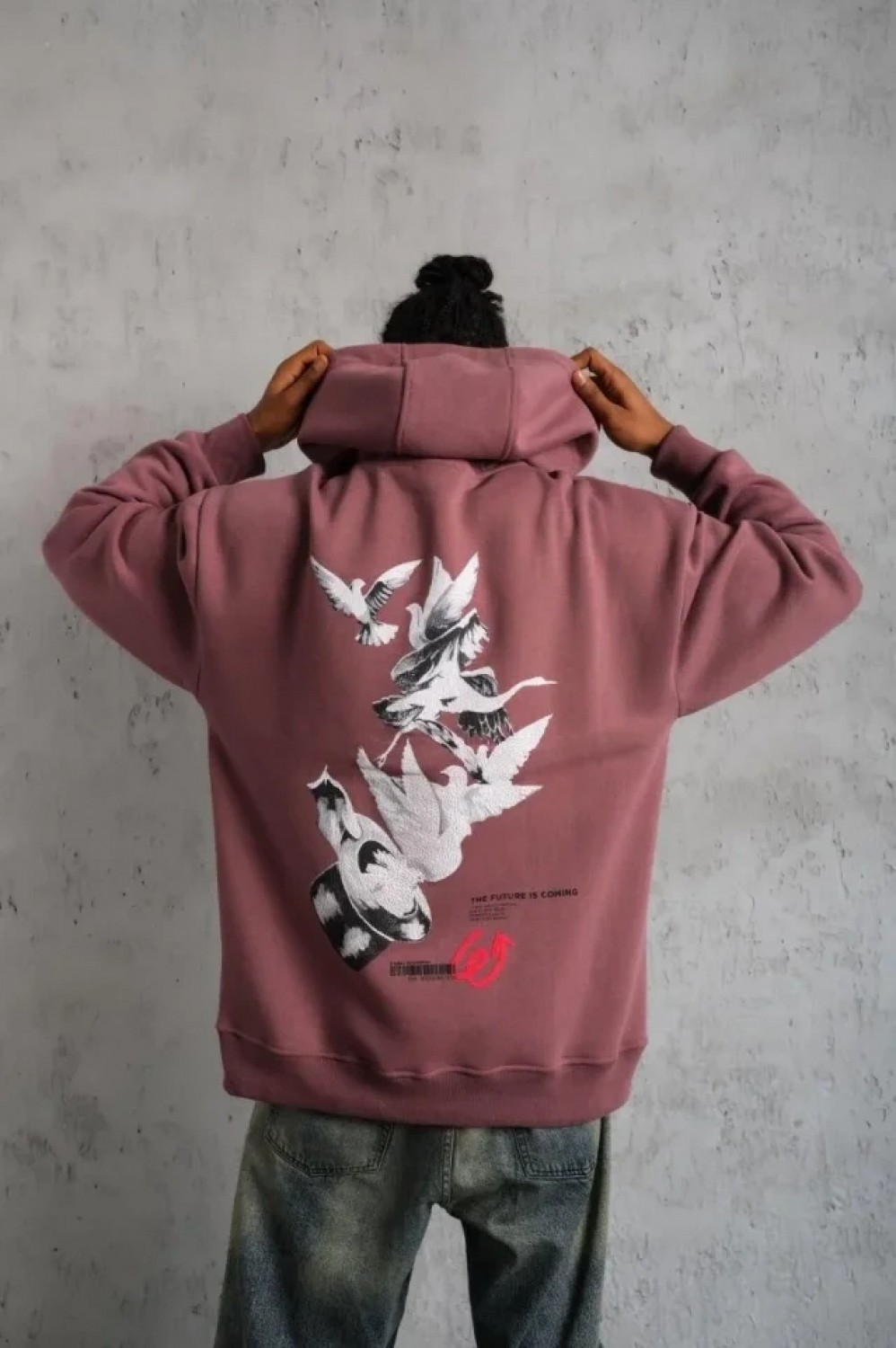 Pileli Store Erkek Şapkalı Güvercin Baskılı Kapşonlu Sweat - Gül Kurusu görsel 3