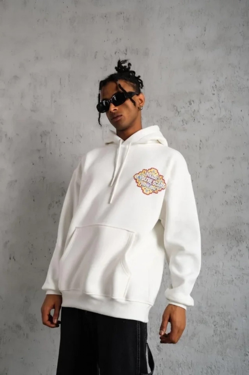 Pileli Store Erkek Kilim Desen Kapüşonlu Sweat- Beyaz görsel 2
