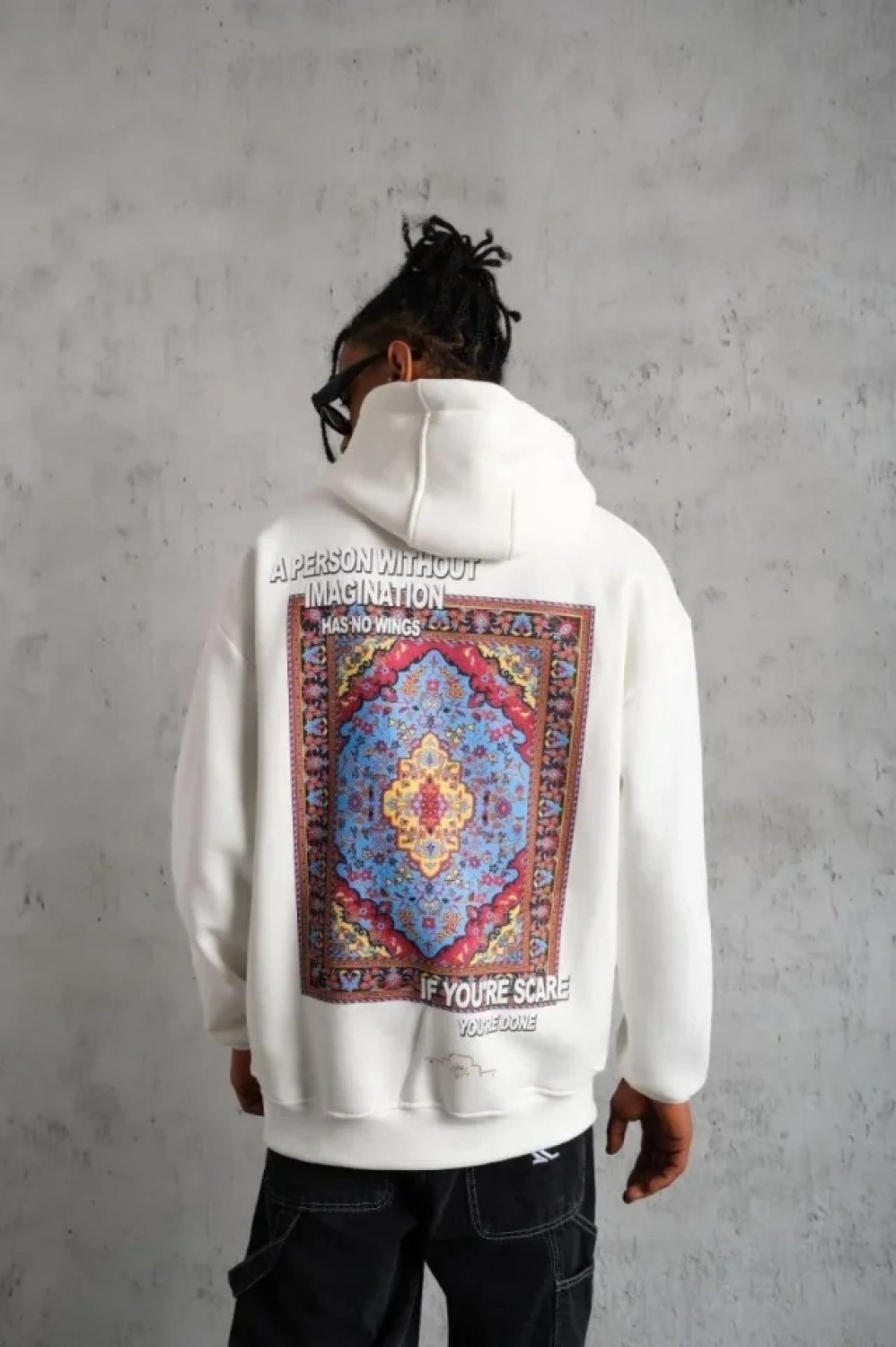 Pileli Store Erkek Kilim Desen Kapüşonlu Sweat- Beyaz görsel 3