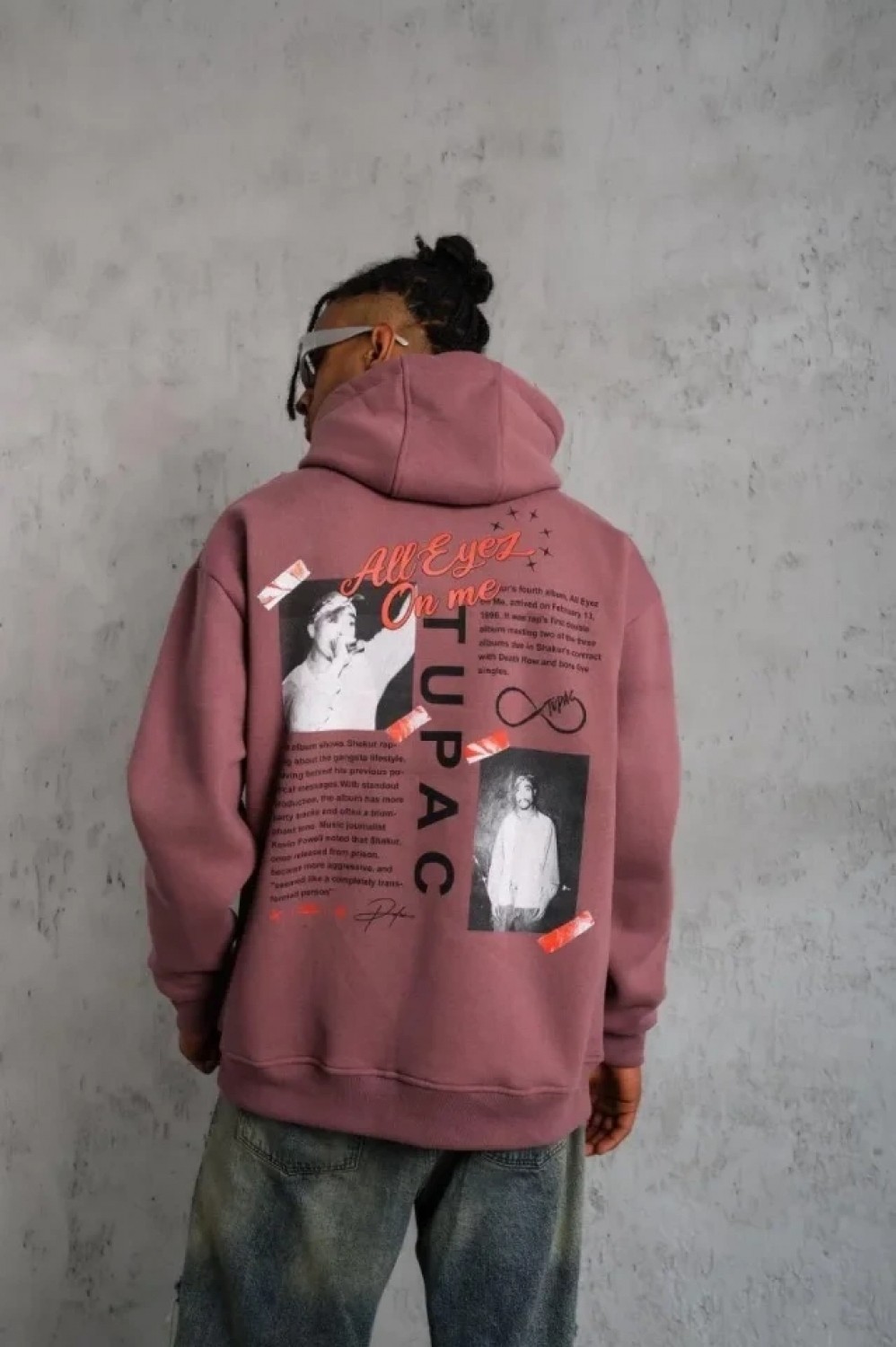 Pileli Store Erkek Ön Arka Baskılı Kapşonlu Sweat - Gül Kurusu