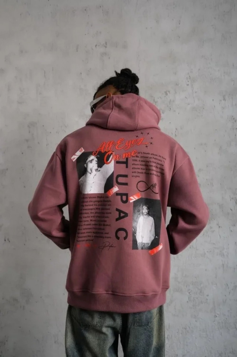 Pileli Store Erkek Ön Arka Baskılı Kapşonlu Sweat - Gül Kurusu görsel 2