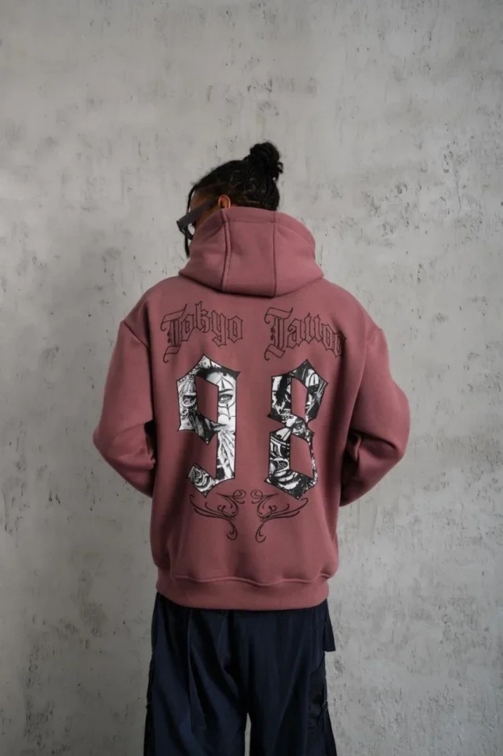 Pileli Store Erkek 98 Baskılı Kapşonlu Sweat - Gül Kurusu