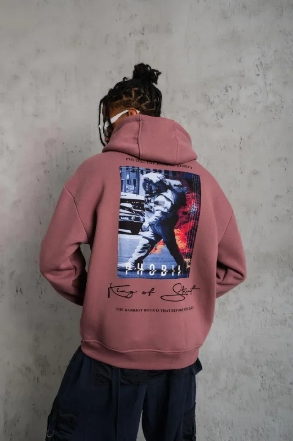 Pileli Store Erkek Astronot Baskılı Kapüşonlu Sweat - Gül Kurusu