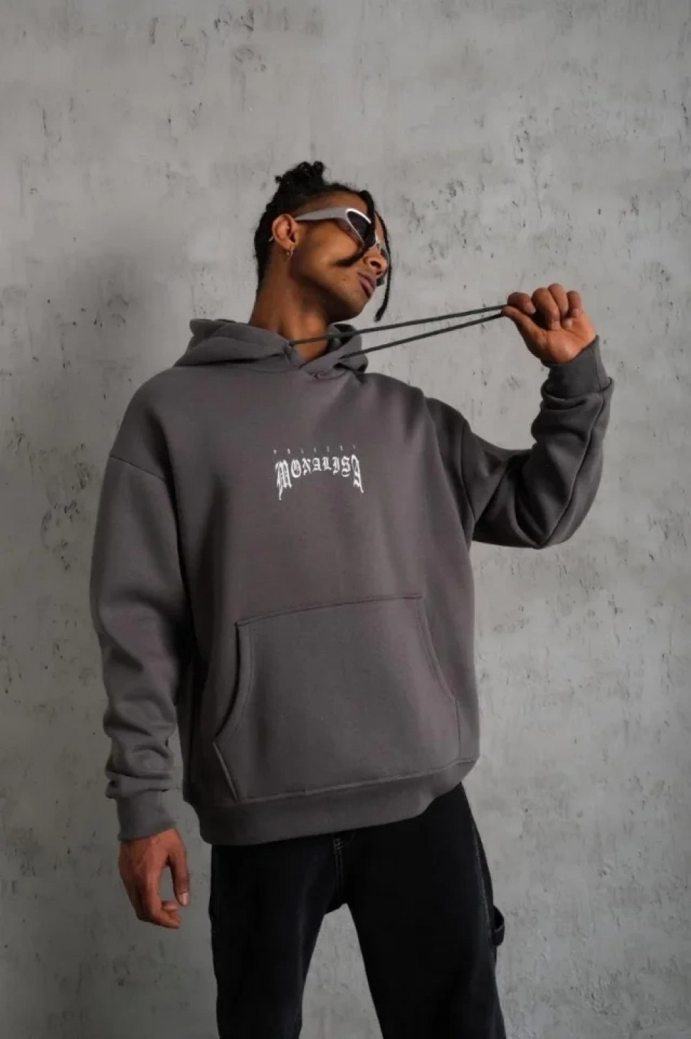 Pileli Store Erkek Baskılı Kapüşonlu ve Kanguru Cepli Sweat- Gri