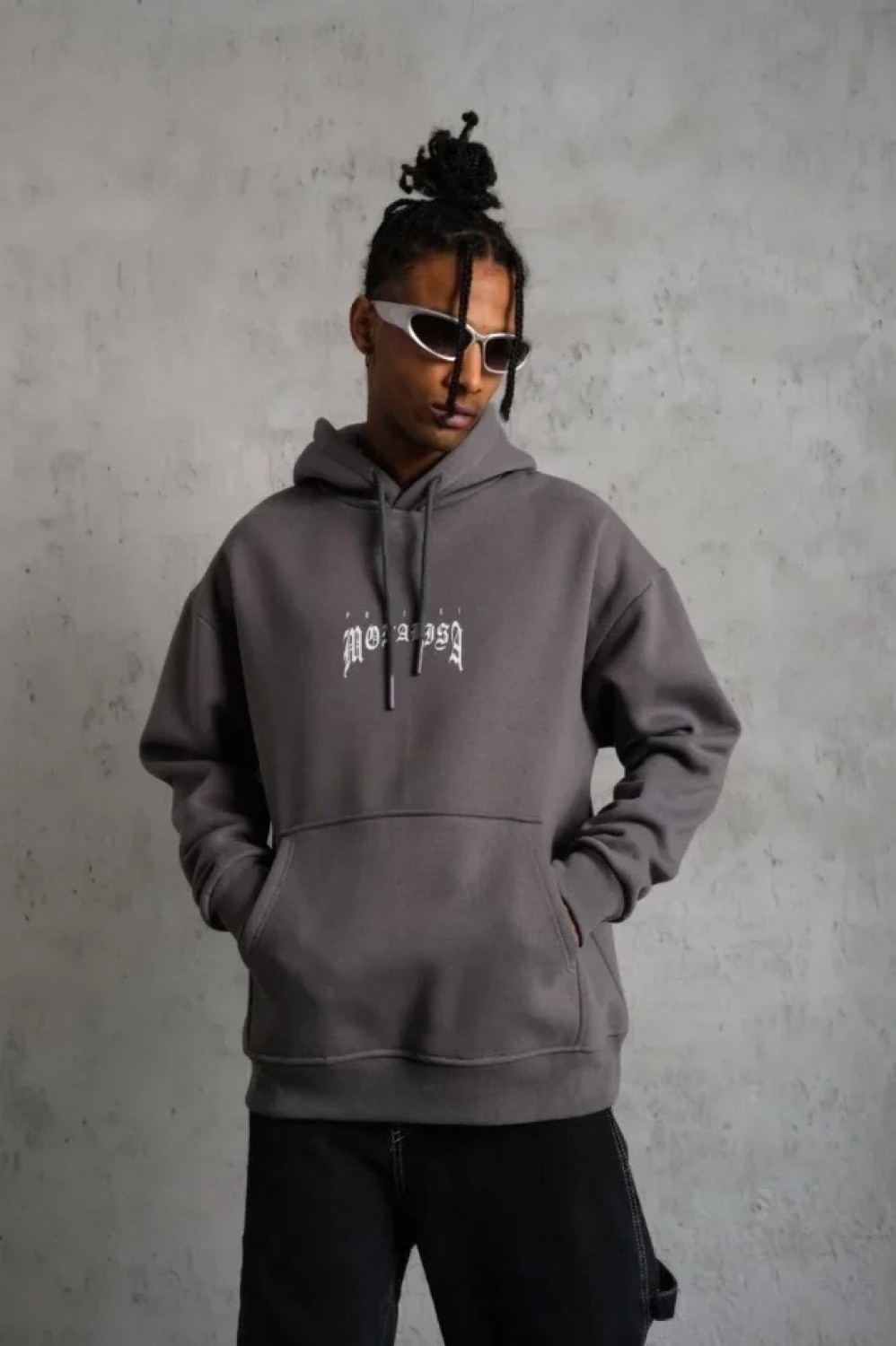 Pileli Store Erkek Baskılı Kapüşonlu ve Kanguru Cepli Sweat- Gri görsel 4