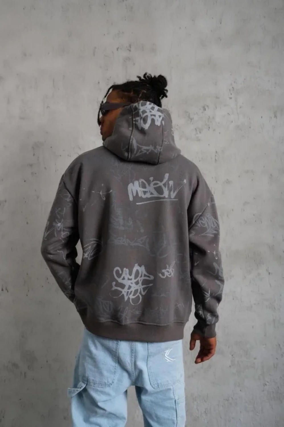 Pileli Store Erkek Baskılı Kapüşonlu Ribanalı Sweat - Gri görsel 2