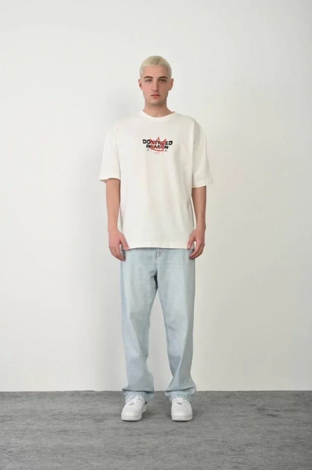 Pileli Store Unisex Bisiklet Yaka Baskılı Oversize T-Shirt - Beyaz