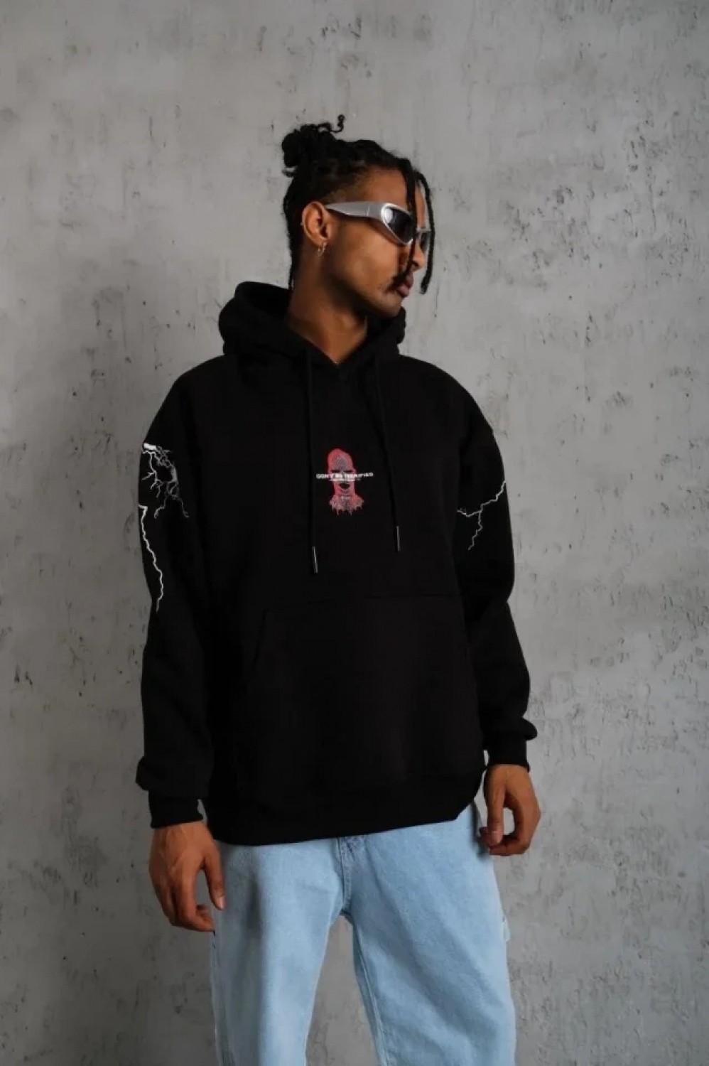 Pileli Store Erkek Maske Baskılı Kapüşonlu Sweat - Siyah görsel 2