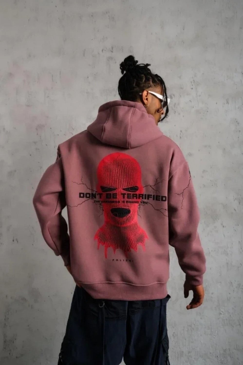 Pileli Store Erkek Maske Baskılı Kapüşonlu Sweat - Gül Kurusu