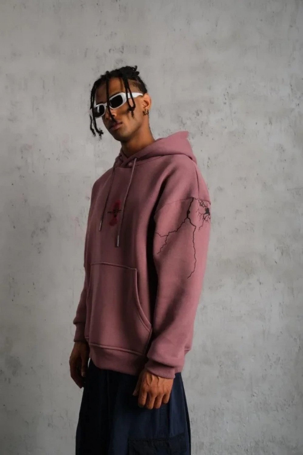 Pileli Store Erkek Maske Baskılı Kapüşonlu Sweat - Gül Kurusu görsel 2