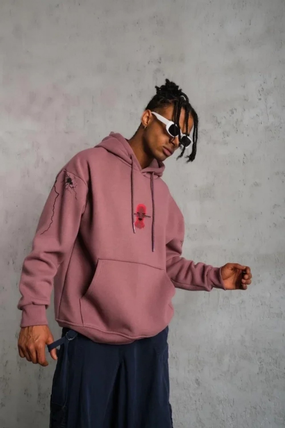 Pileli Store Erkek Maske Baskılı Kapüşonlu Sweat - Gül Kurusu görsel 3