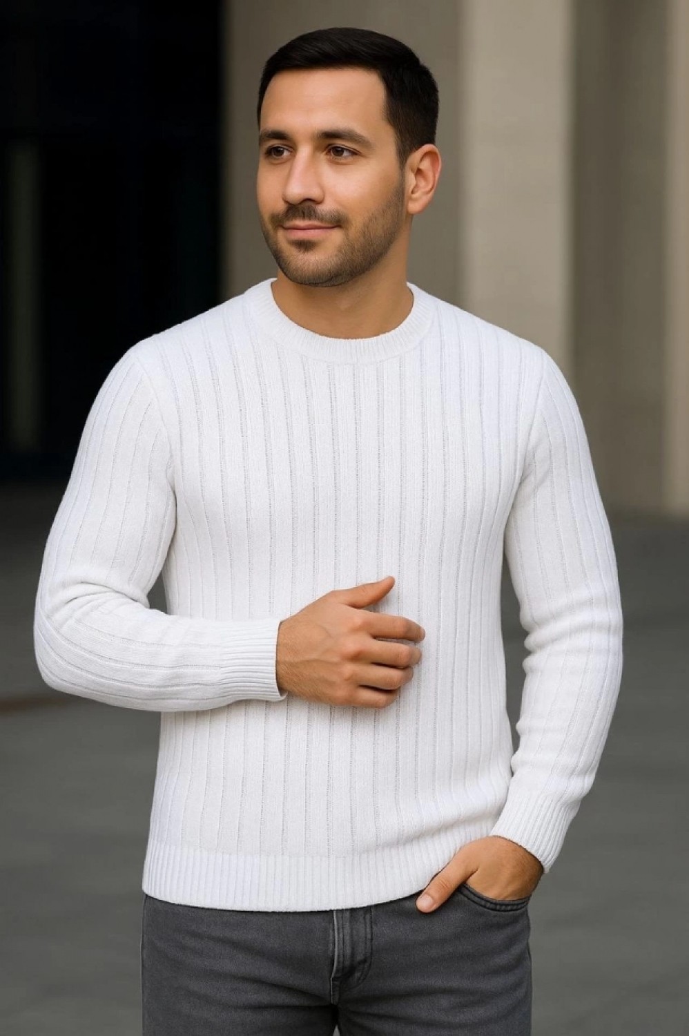 Pileli Store Erkek Bisiklet Yuvarlak Yaka Triko Kazak Pamuklu Kalın Fitilli Dokuma, Regular Fit Uzun Kollu Kışlık Model - Beyaz görsel 3