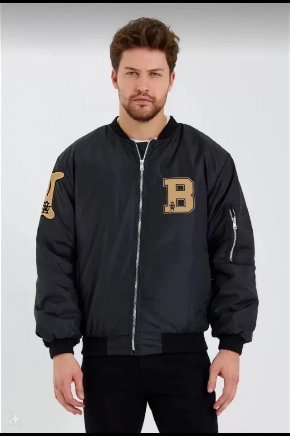 Pileli Store Unisex Uzun Kol Baskılı Bomber Ceket - Siyah