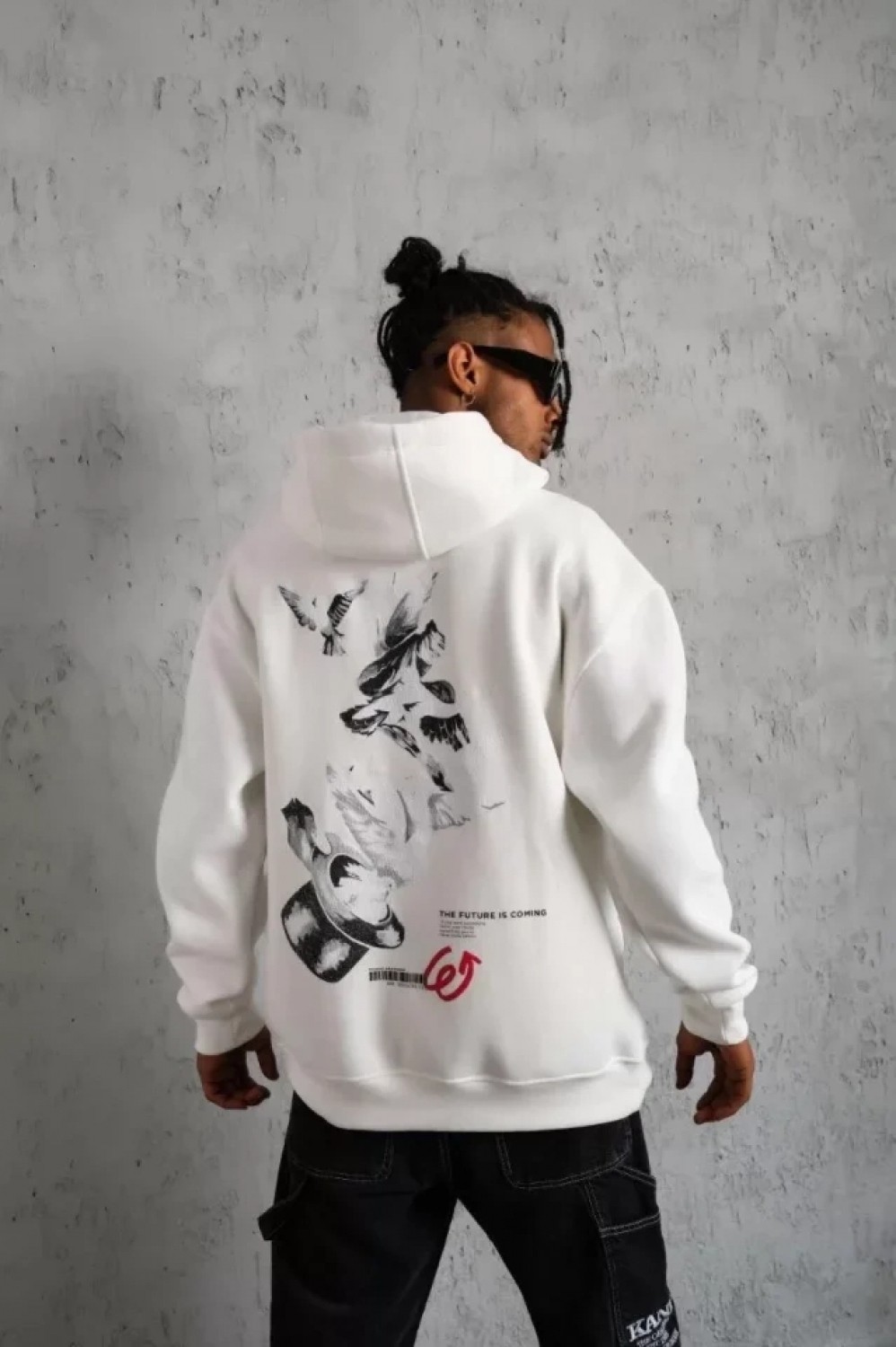 Pileli Store Erkek Şapkalı Güvercin Baskılı Kapşonlu Sweat - Beyaz görsel 4