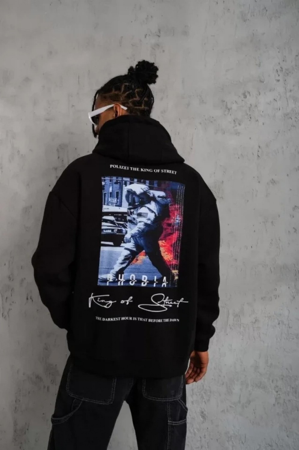Pileli Store Erkek Astronot Baskılı Kapüşonlu Sweat - Siyah
