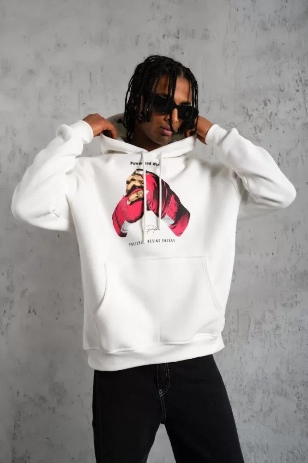 Pileli Store Erkek Eldiven Baskılı Kapüşonlu Sweat - Beyaz
