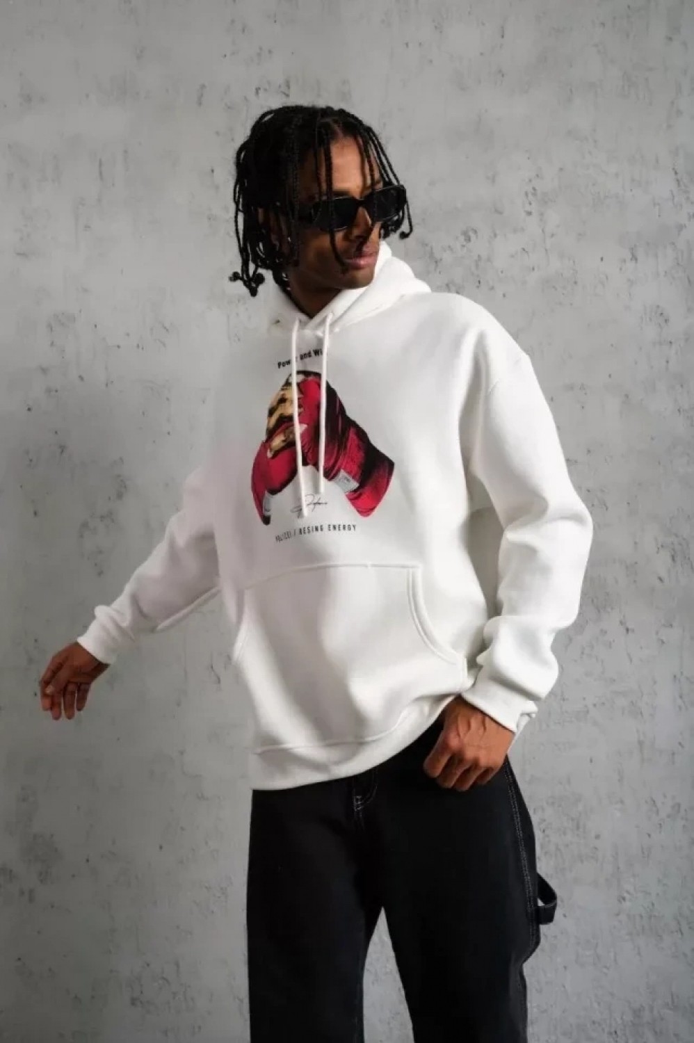 Pileli Store Erkek Eldiven Baskılı Kapüşonlu Sweat - Beyaz görsel 3