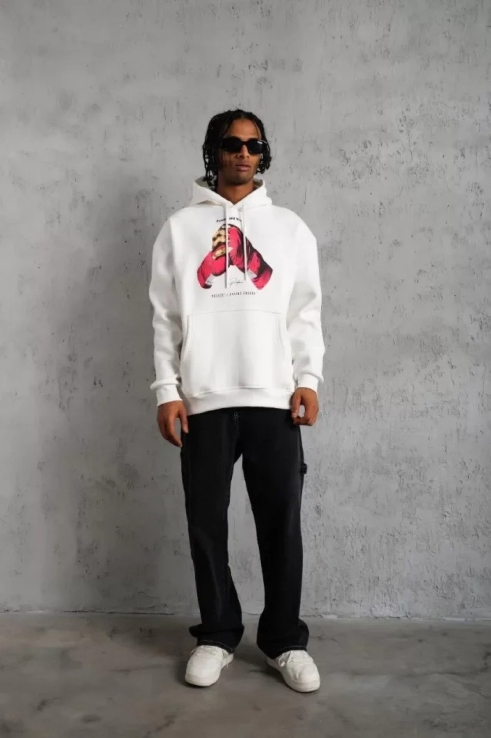 Pileli Store Erkek Eldiven Baskılı Kapüşonlu Sweat - Beyaz görsel 4