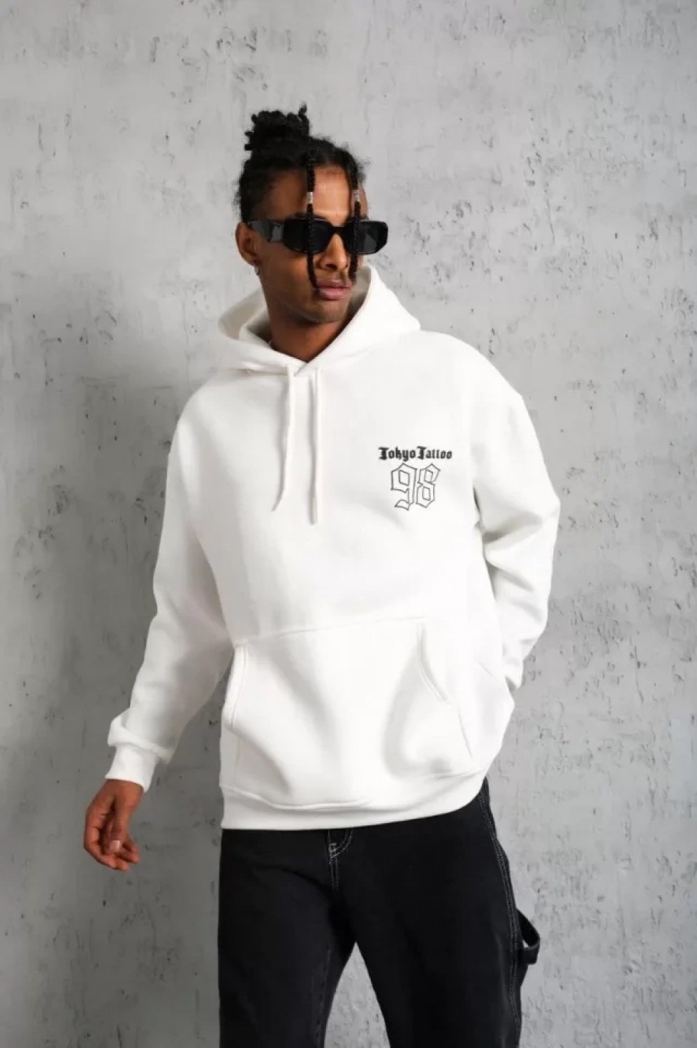 Pileli Store Erkek 98 Baskılı Kapşonlu Sweat - Beyaz